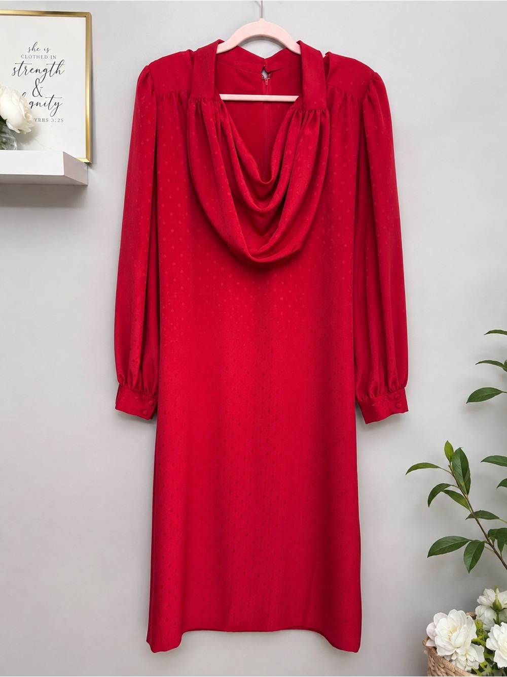Vintage Tony Ruocco for Alper Schwartz Red Cowl Neck Midi‎ Dress Draped 70s 80s